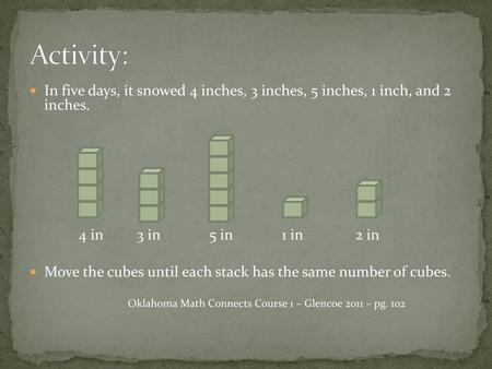 Activity: In five days, it snowed 4 inches, 3 inches, 5 inches, 1 inch, and 2 inches. 4 in 3 in 5 in 1 in.