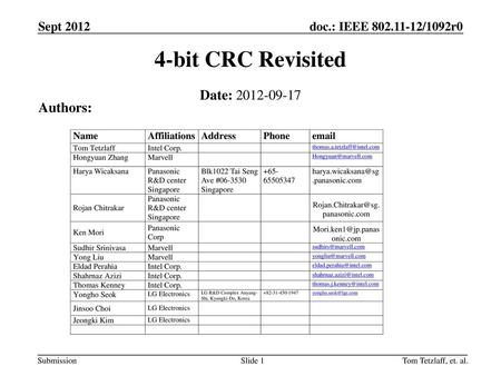 4-bit CRC Revisited Date: Authors: Sept 2012 Month Year