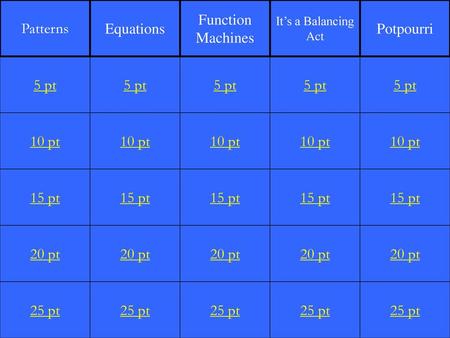 Patterns Equations Function Machines Potpourri 5 pt 5 pt 5 pt 5 pt