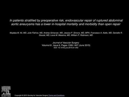 In patients stratified by preoperative risk, endovascular repair of ruptured abdominal aortic aneurysms has a lower in-hospital mortality and morbidity.