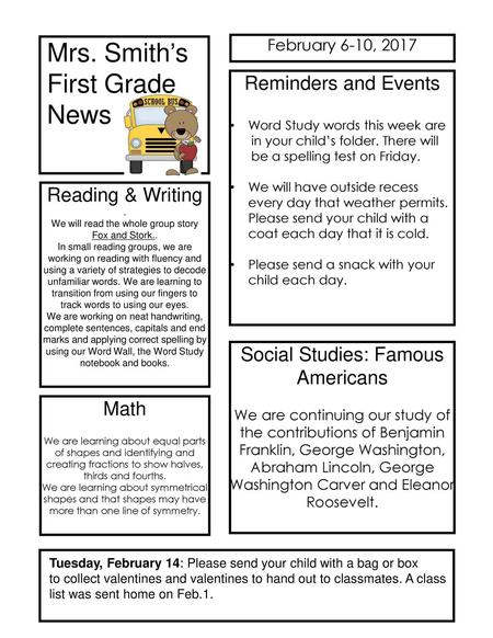 Mrs. Smith’s First Grade News Reminders and Events Reading & Writing