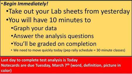 Take out your Lab sheets from yesterday You will have 10 minutes to