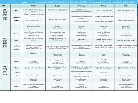 FFL GOLD Oakwood EGG FREE FFL GOLD AUTUMN MENU 2016 Do not egg wash any pastry products before baking Week Monday Tuesday Wednesday Thursday Friday Week.