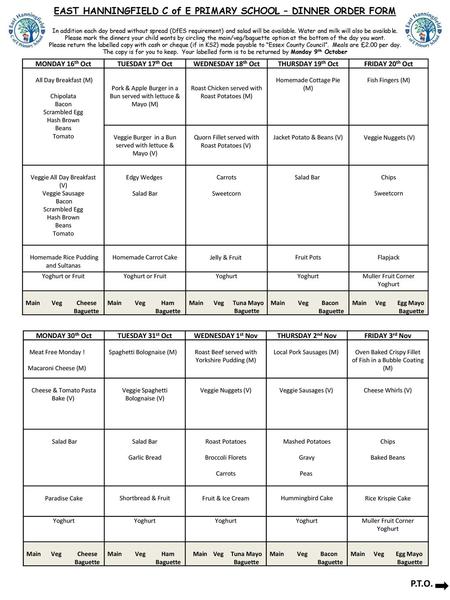 EAST HANNINGFIELD C of E PRIMARY SCHOOL – DINNER ORDER FORM