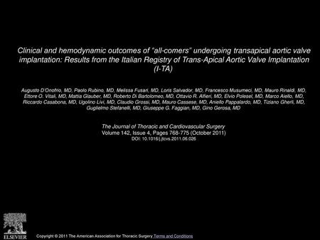 Clinical and hemodynamic outcomes of “all-comers” undergoing transapical aortic valve implantation: Results from the Italian Registry of Trans-Apical.