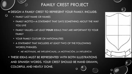 Family crest project Design a family crest to represent your family. Include: Family last name or names Family motto—a statement that says something about.