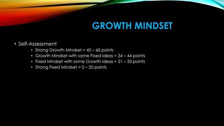 Growth Mindset Self-Assessment Strong Growth Mindset = 45 – 60 points