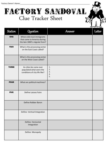 Clue Tracker Sheet Station Question Answer Letter