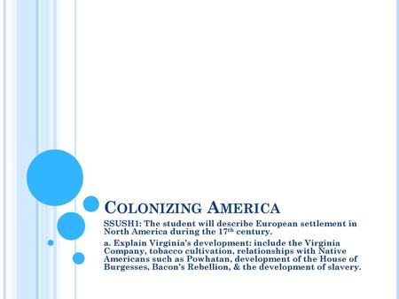 Colonizing America SSUSH1: The student will describe European settlement in North America during the 17th century. a. Explain Virginia’s development: