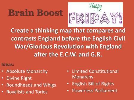 Brain Boost Create a thinking map that compares and contrasts England before the English Civil War/Glorious Revolution with England after the E.C.W. and.