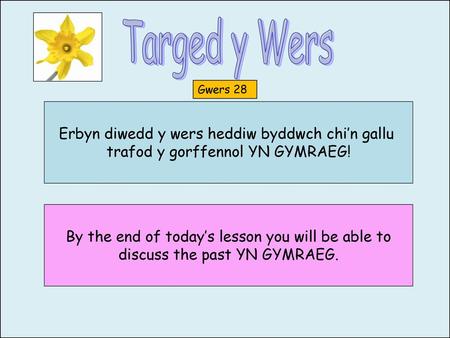 Erbyn diwedd y wers heddiw byddwch chi’n gallu