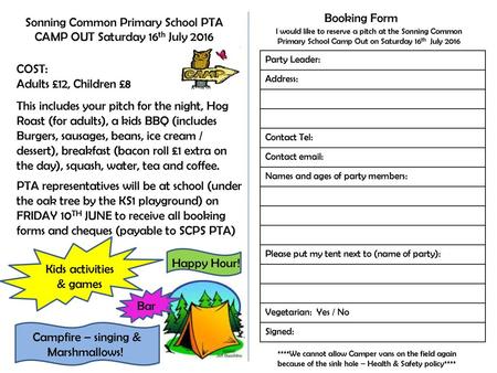 Sonning Common Primary School PTA CAMP OUT Saturday 16th July 2016