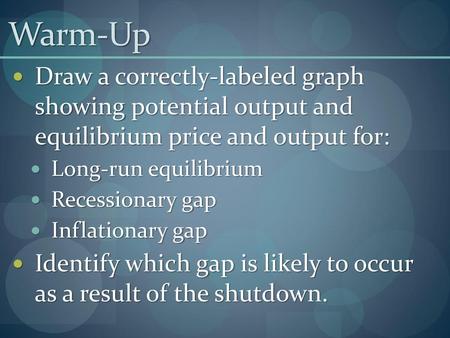 Warm-Up Draw a correctly-labeled graph showing potential output and equilibrium price and output for: Long-run equilibrium Recessionary gap Inflationary.