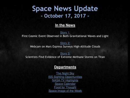 Space News Update - October 17, In the News Departments