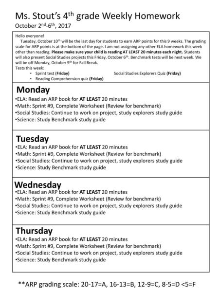 Ms. Stout’s 4th grade Weekly Homework October 2nd-6th, 2017