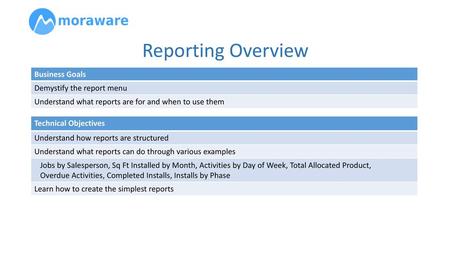 Reporting Overview Business Goals Demystify the report menu