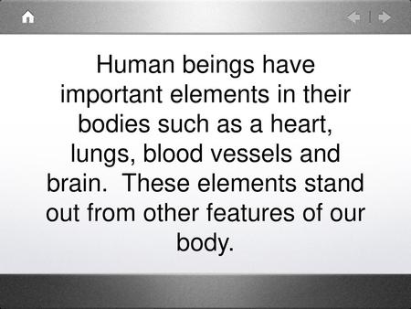 Human beings have important elements in their bodies such as a heart, lungs, blood vessels and brain. These elements stand out from other features of.