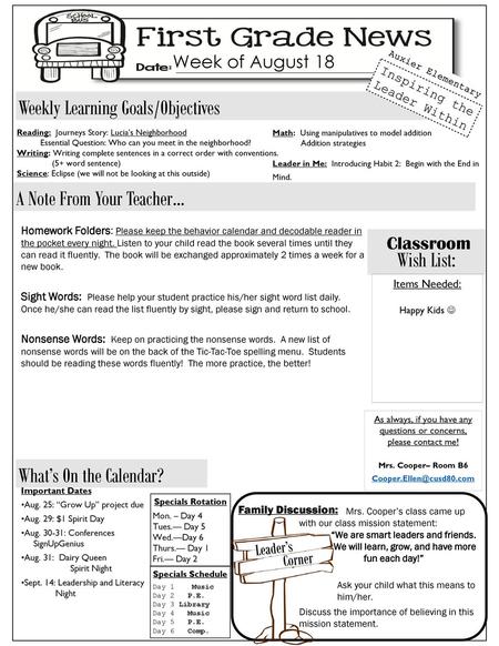 Weekly Learning Goals/Objectives