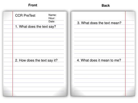 Front Back CCR PreTest 3. What does the text mean?