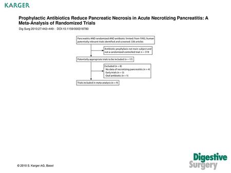 Prophylactic Antibiotics Reduce Pancreatic Necrosis in Acute Necrotizing Pancreatitis: A Meta-Analysis of Randomized Trials Dig Surg 2010;27:442–449 -