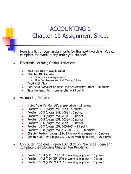 ACCOUNTING 1 Chapter 10 Assignment Sheet