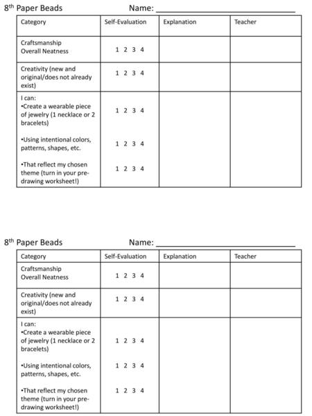 8th Paper Beads Name: 8th Paper Beads Name: Category Self-Evaluation