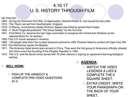 U. S. HISTORY THROUGH FILM