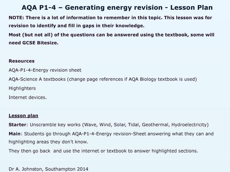 AQA P1-4 – Generating energy revision - Lesson Plan