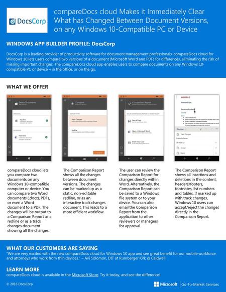 CompareDocs cloud Makes it Immediately Clear What has Changed Between Document Versions, on any Windows 10-Compatible PC or Device WINDOWS APP BUILDER.