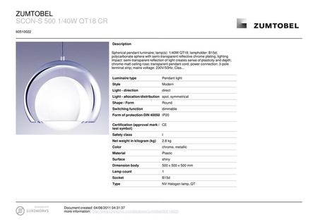 ZUMTOBEL SCON-S 500 1/40W QT18 CR Description