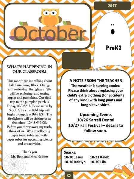 PreK A NOTE FROM THE TEACHER Upcoming Events