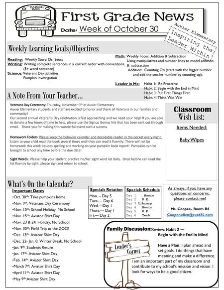 Weekly Learning Goals/Objectives