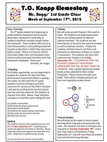 T.C. Knapp Elementary Mr. Boggs’ 3rd Grade Class Week of September 17th, 2012 Dear Families, The 3rd grade students are beginning to understand the importance.