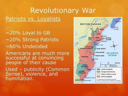 Revolutionary War Patriots vs. Loyalists ~20% Loyal to GB