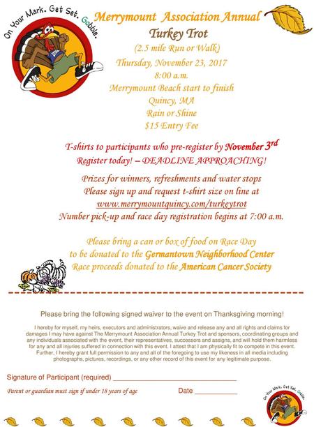 Merrymount  Association Annual  Turkey Trot (2.5 mile Run or Walk)