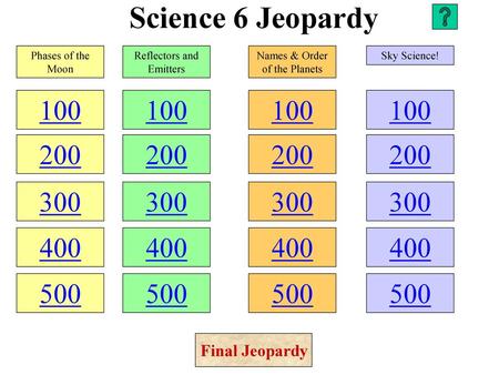 Science 6 Jeopardy Phases of the Moon Reflectors and Emitters