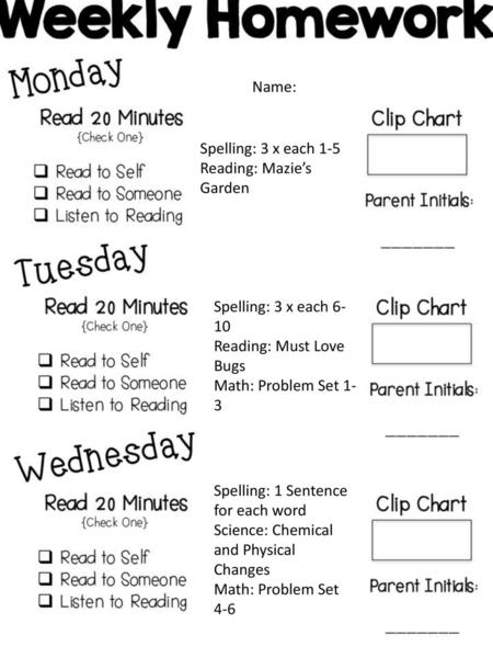 Name: Spelling: 3 x each 1-5 Reading: Mazie’s Garden