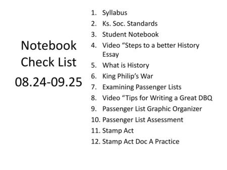 Notebook Check List Syllabus Ks. Soc. Standards