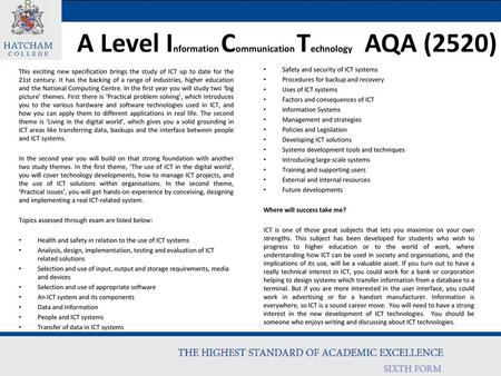 A Level Information Communication Technology AQA (2520)