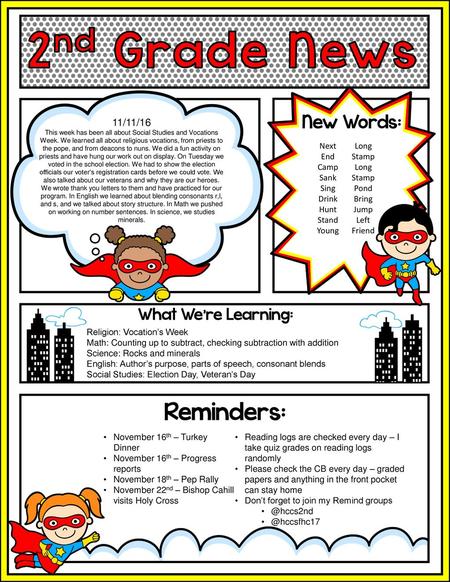 2nd Grade News Reminders: New Words: What We’re Learning: 11/11/16