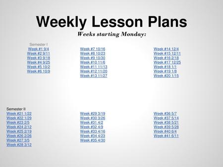 Weekly Lesson Plans Weeks starting Monday: