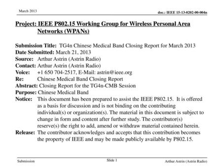 Jul 12, 2010 07/12/10 Project: IEEE P802.15 Working Group for Wireless Personal Area Networks (WPANs) Submission Title: TG4n Chinese Medical Band Closing.