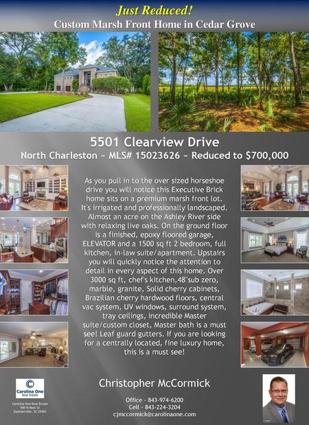 Just Reduced! Custom Marsh Front Home in Cedar Grove