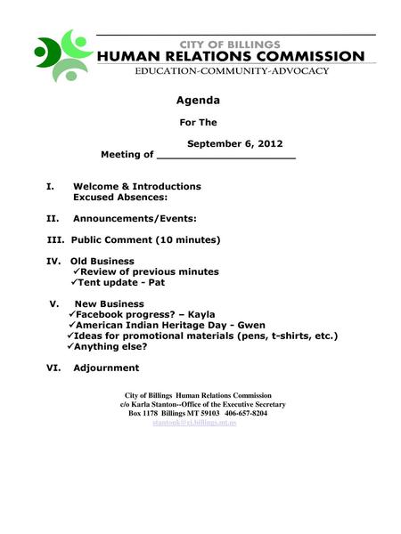 Agenda For The September 6, 2012 Meeting of ______________________