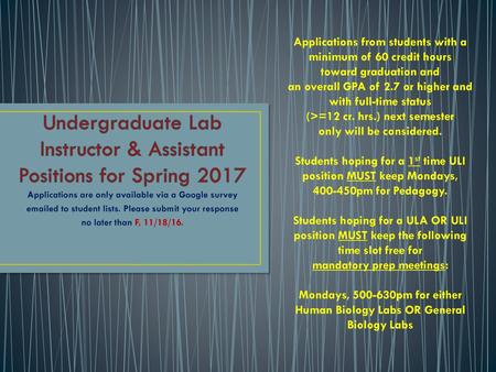 Undergraduate Lab Instructor & Assistant Positions for Spring 2017