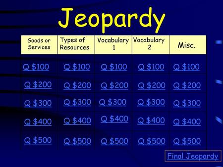 Jeopardy Misc. Q $100 Q $100 Q $100 Q $100 Q $100 Q $200 Q $200 Q $200