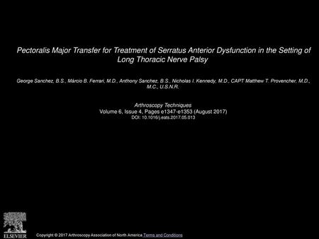 Pectoralis Major Transfer for Treatment of Serratus Anterior Dysfunction in the Setting of Long Thoracic Nerve Palsy  George Sanchez, B.S., Márcio B.