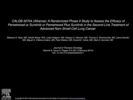 CALGB 30704 (Alliance): A Randomized Phase II Study to Assess the Efficacy of Pemetrexed or Sunitinib or Pemetrexed Plus Sunitinib in the Second-Line.