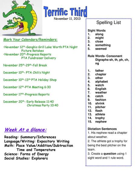 Terrific Third Spelling List Week At a Glance: