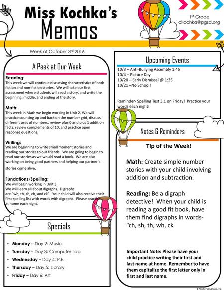 Memos Miss Kochka’s Specials Upcoming Events A Peek at Our Week